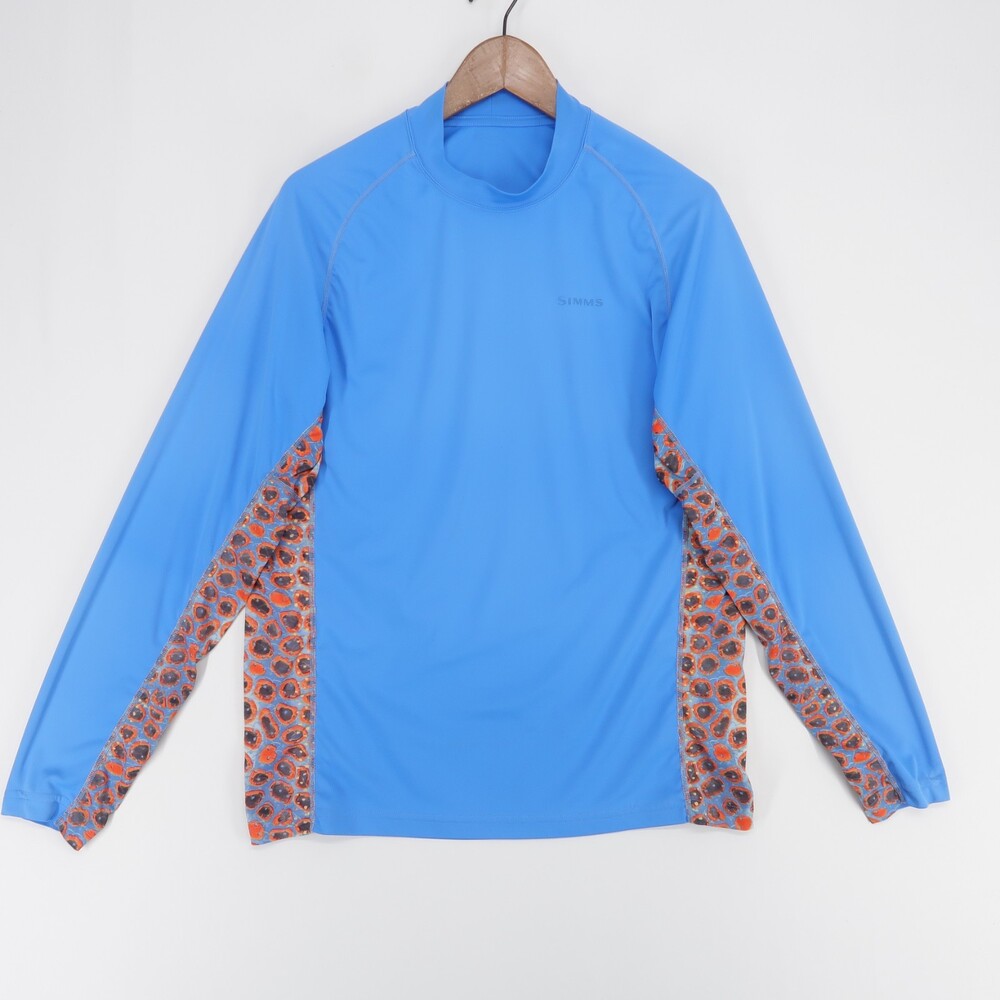 Simms SolarFlex Shirt Mens M Blue Print Long Sleeve Crew Neck Fishing
